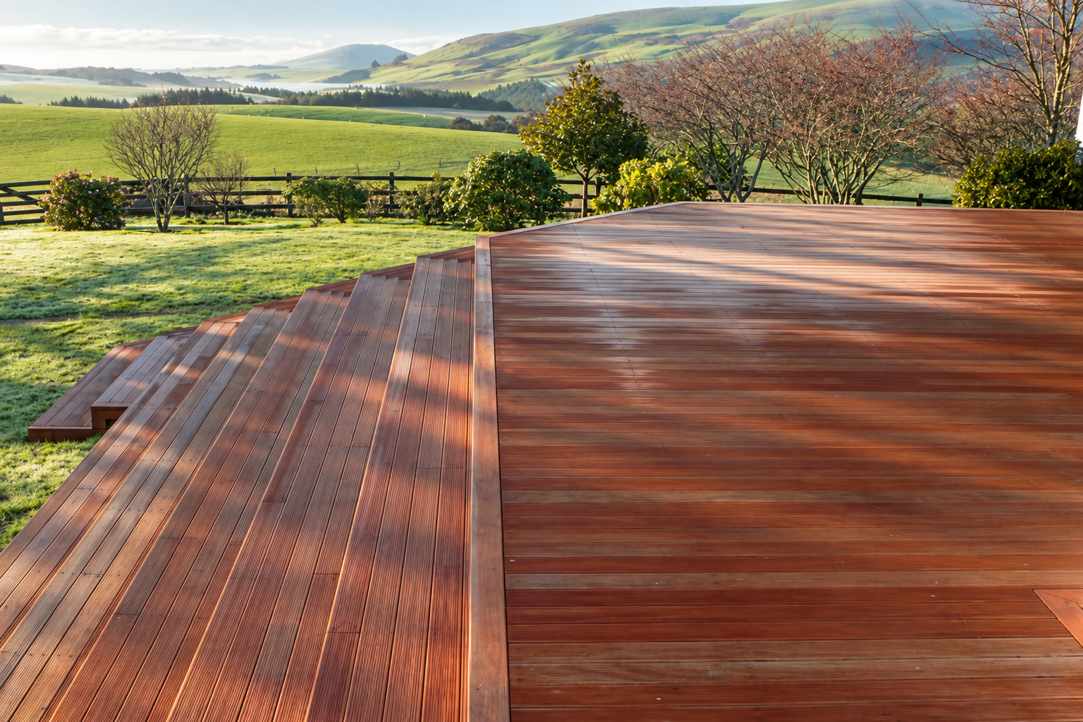 Finished timber deck overlooking the South Otago landscape