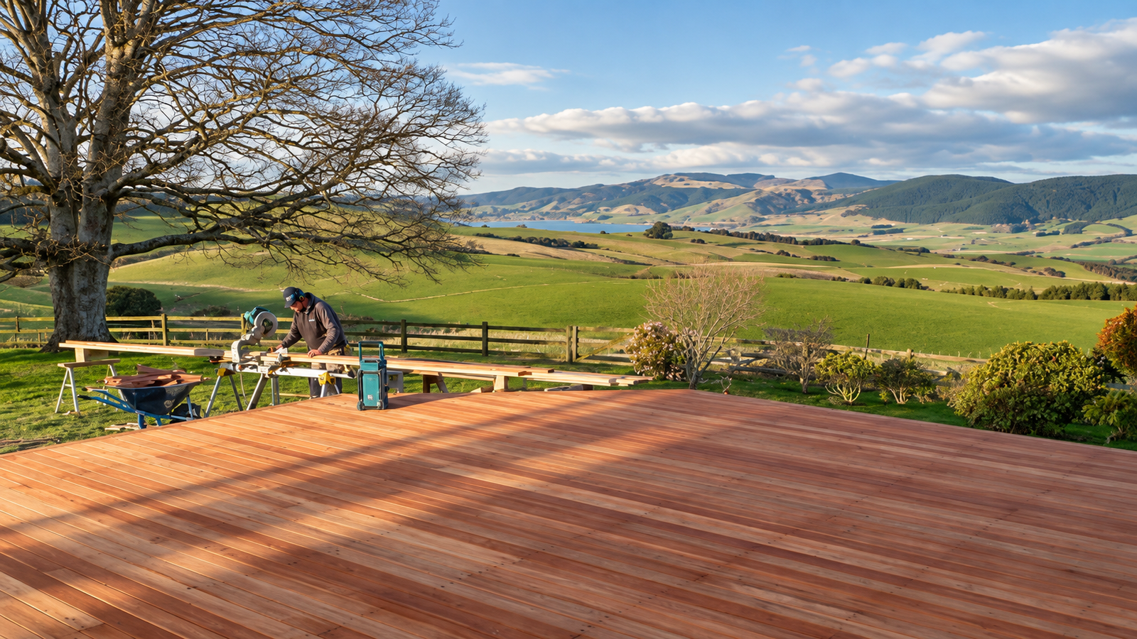 Timber deck under construction overlooking South Otago countryside