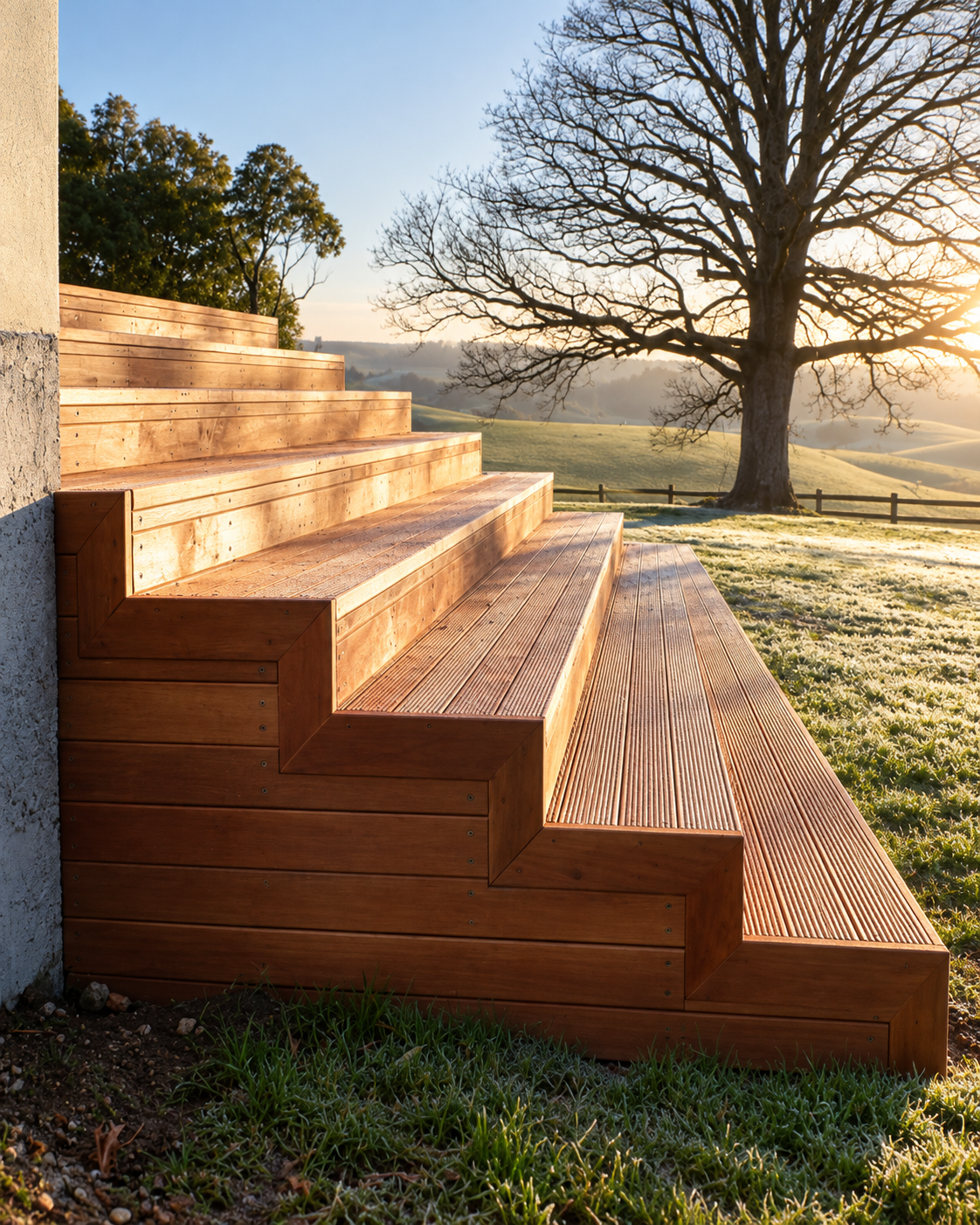 Broad timber steps beside a mature tree